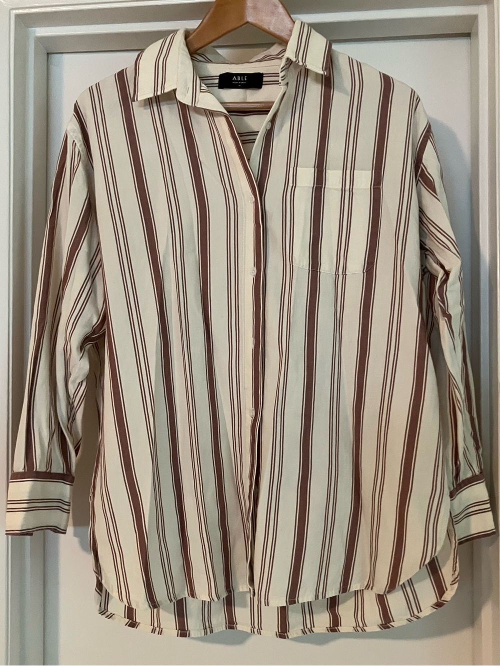 ABLE Harris Oversized Button-Up Shirt in Cream and Nutmeg Stripe